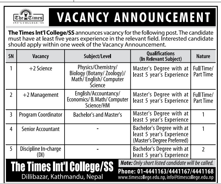 Teacher Coordinator Senior Accountant Discipline Incharge At Kathmandu