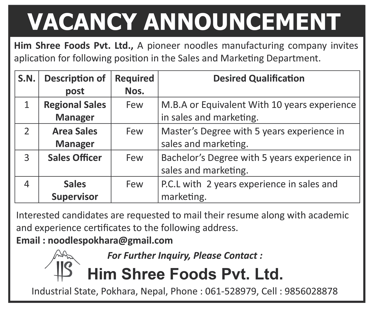 Regional Sales Manager, Area Sales Manager, Sales Office, Sales supervisor  at Pokhara