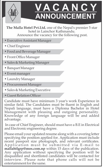 Executive Assistant Manager, Food and Beverage Manager, Sales & Marketing Manager, Event Manager ...