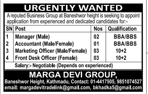 Manager Accountant Marketing Officer Front Desk Officer At